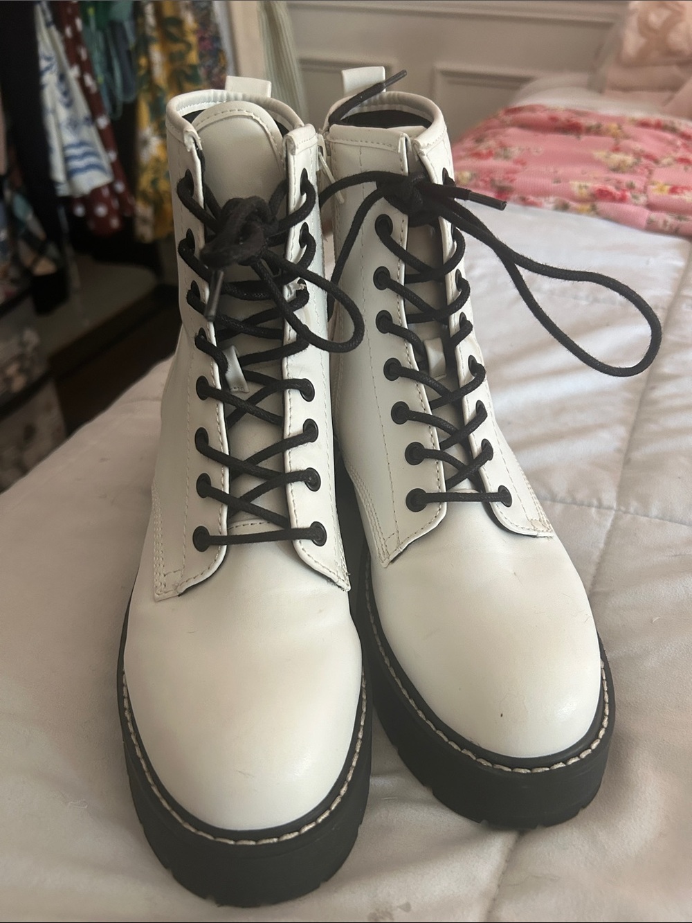 Madden Girl White Lace-Up Combat Boots with Black Laces